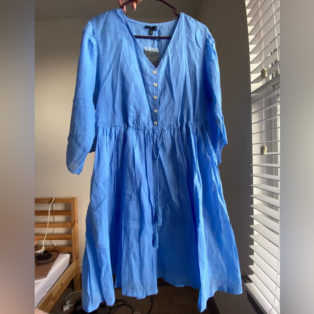 ATM Anthony Thomas Melillo Cotton V-Neck Mini Dress Sky Blue 3/4 Sleeve S $330